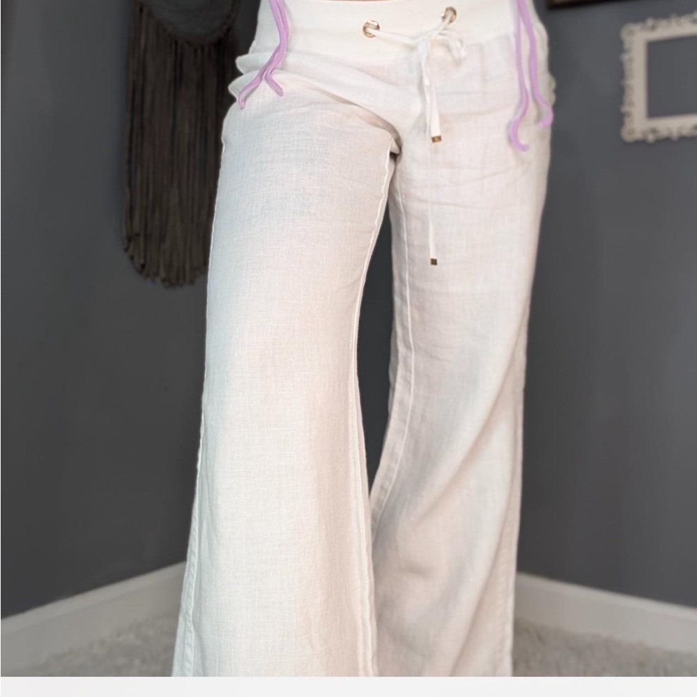 Lilly Pulitzer Low Rise Wide Leg White Linen "The Beach" Pants